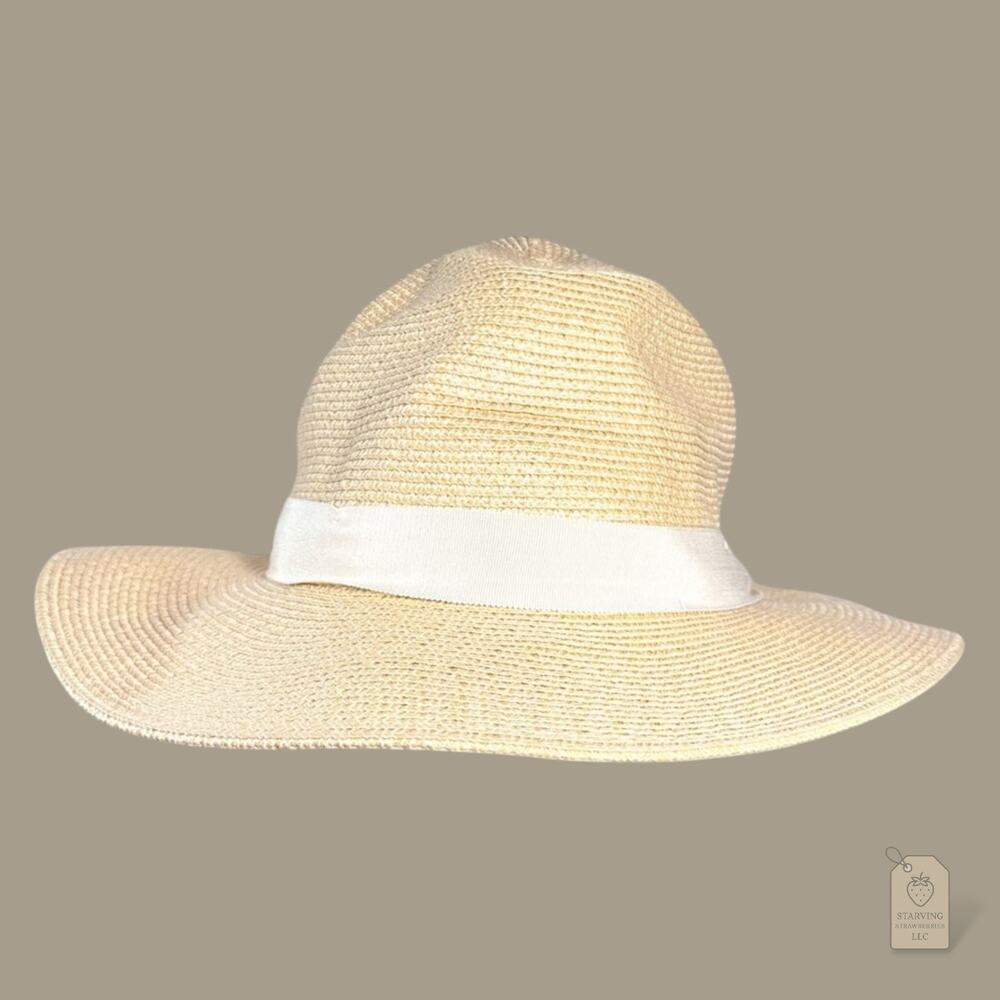 Banana Republic Straw Fedora Hat M/L Beige Wide Brim Sun Hat Lightweight Summer